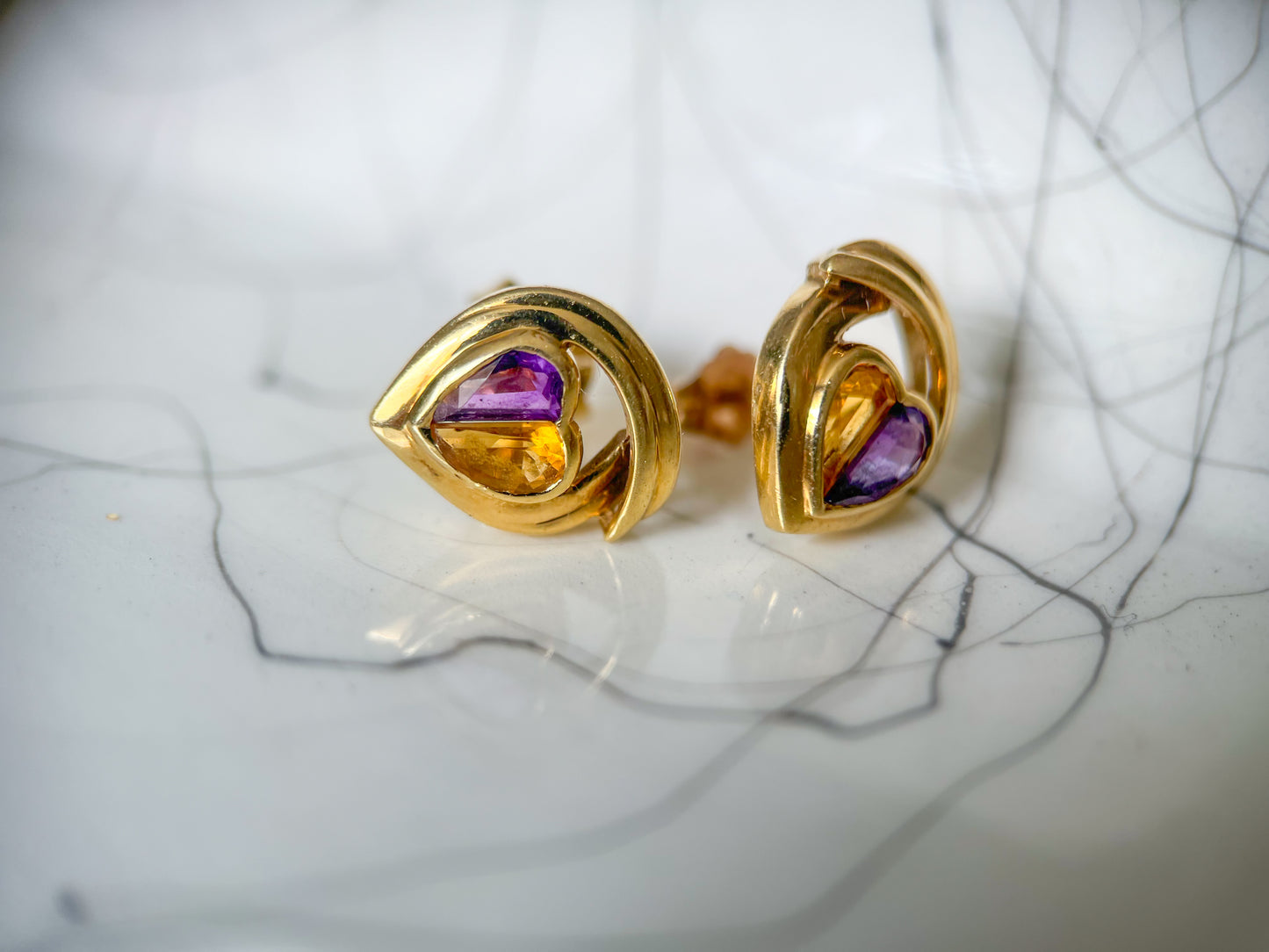 Vintage Natural Amethyst and Natural Citrine Heart Shaped Stud Earrings, circa 1990s