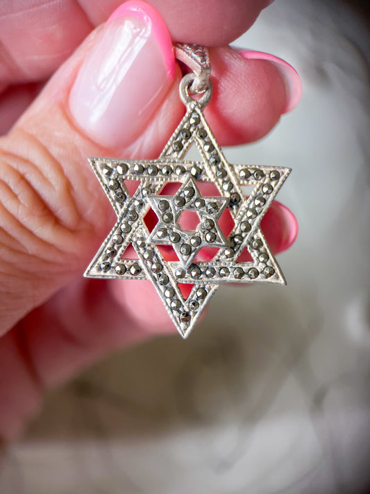 Vintage Star of David Large Marcasite Sterling Silver Charm