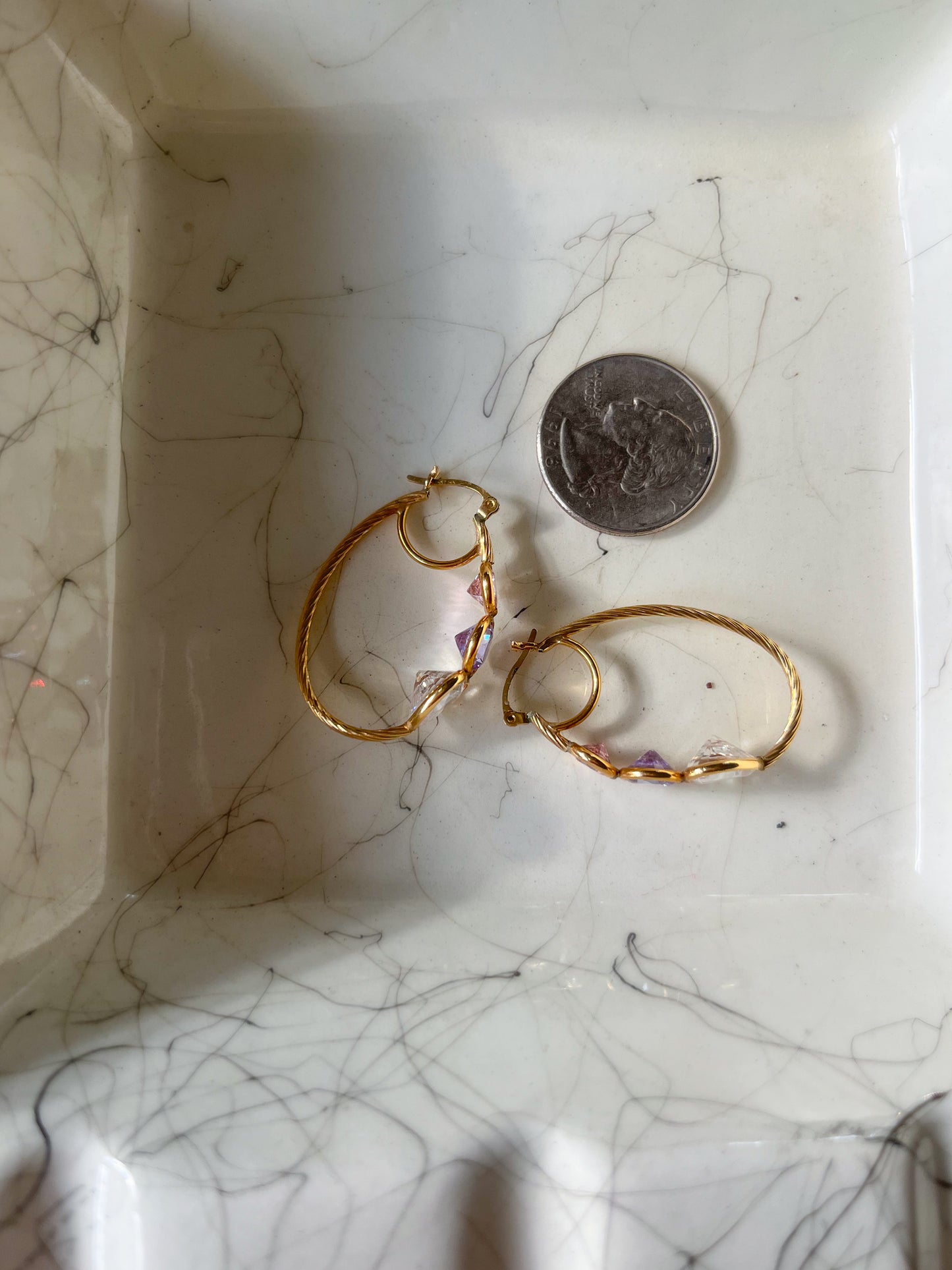 Vintage 3 Stone CZ 14k Yellow Gold Double Hoop Earrings