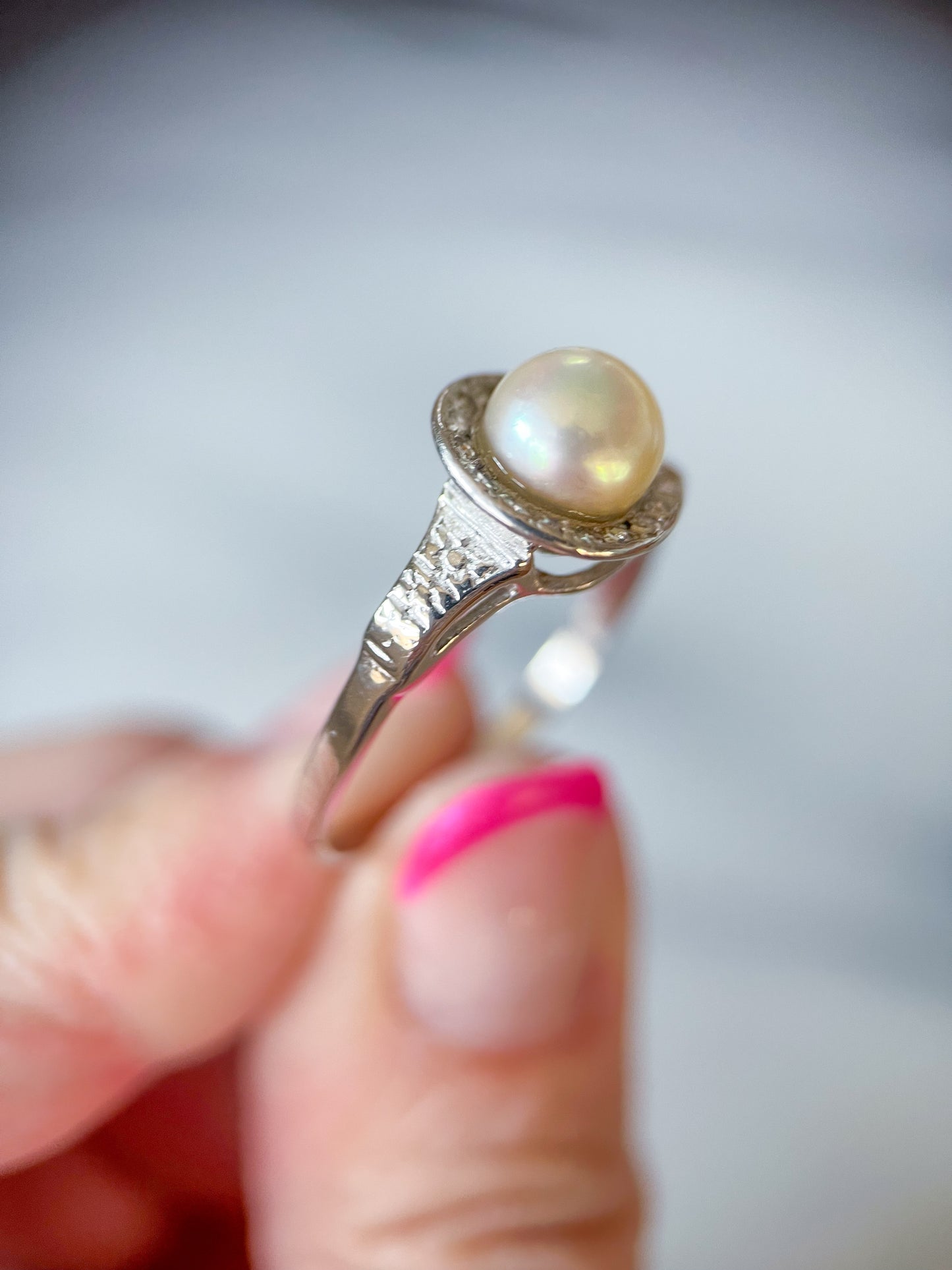 Vintage Natural Pearl and Natural Diamond 14k White Gold Statement Ring