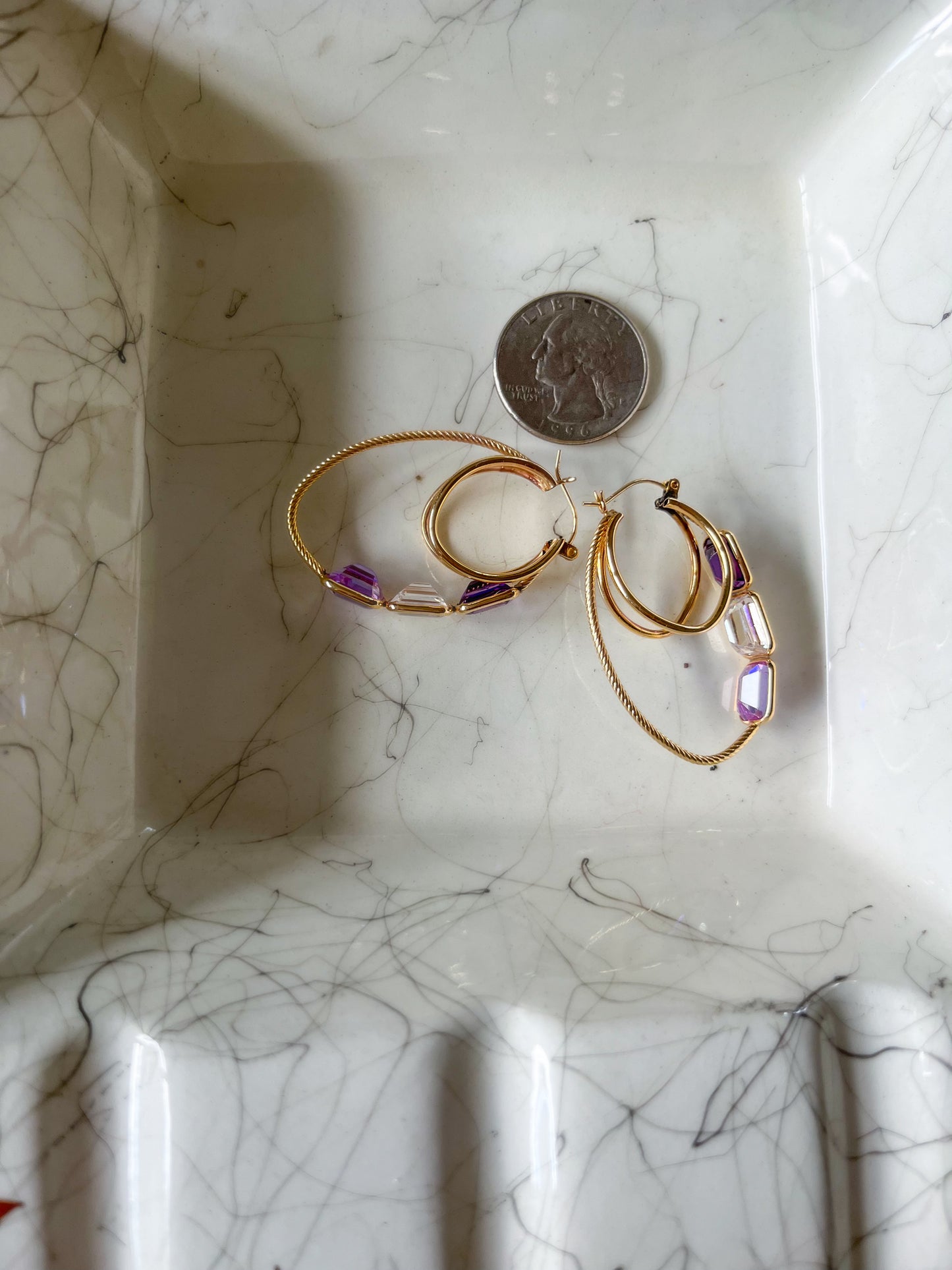 Vintage Amethyst and CZ Three Stone 14k Yellow Gold Hoop Earrings