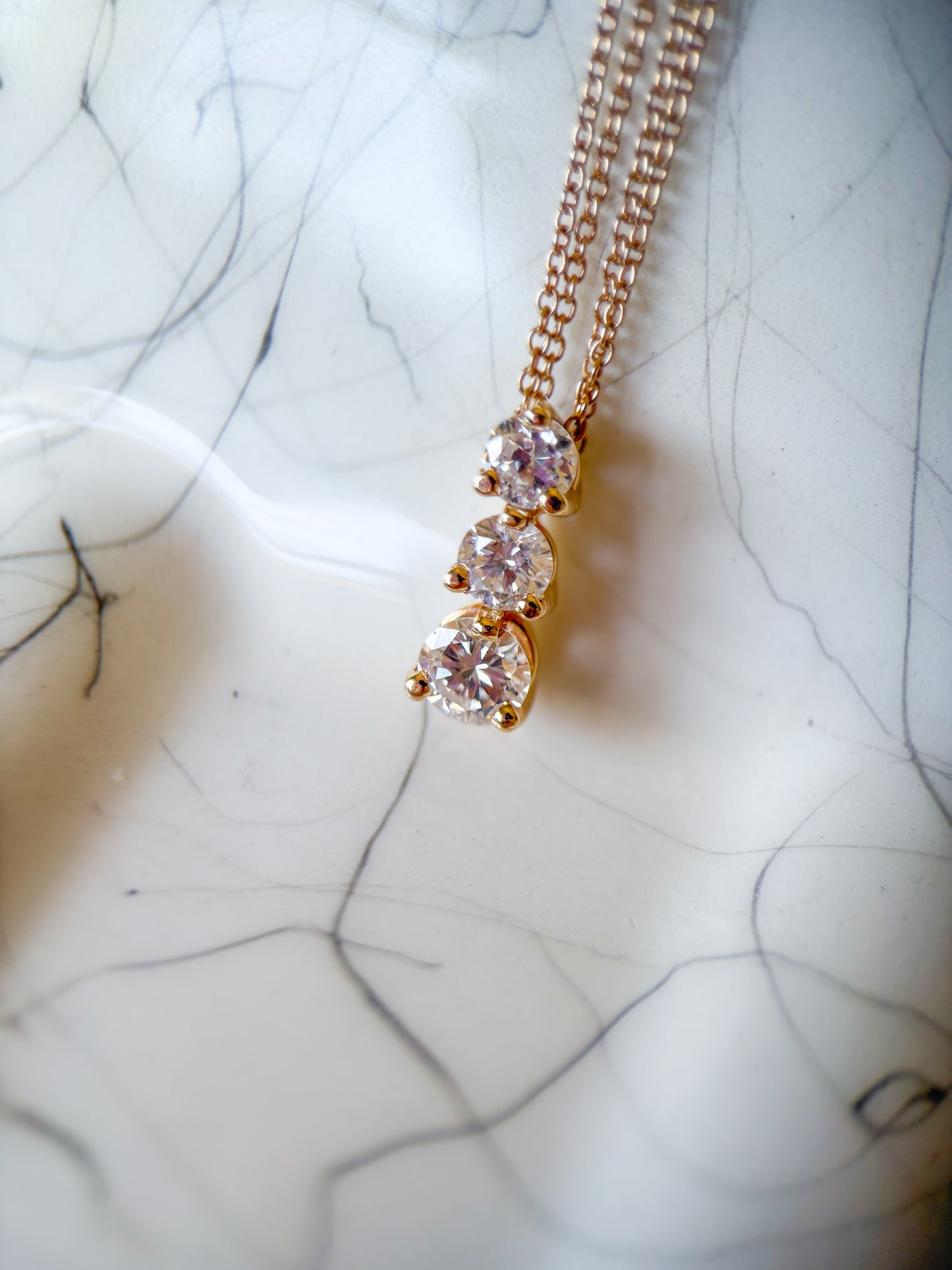Vintage Natural Diamond Three Stone Drop Pendant with 14k Yellow Gold Attached 17 Inch Chain