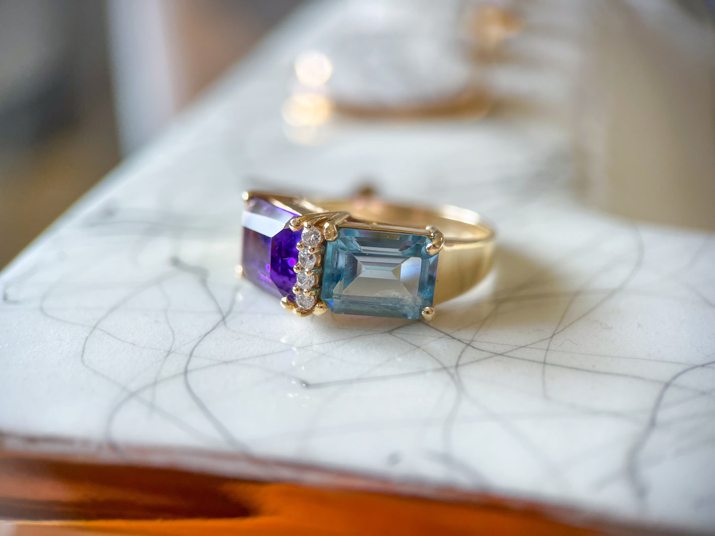 Vintage Natural Amethyst and Topaz Two Stone Ring with Natural Diamonds 14k Yellow Gold, circa 1980s