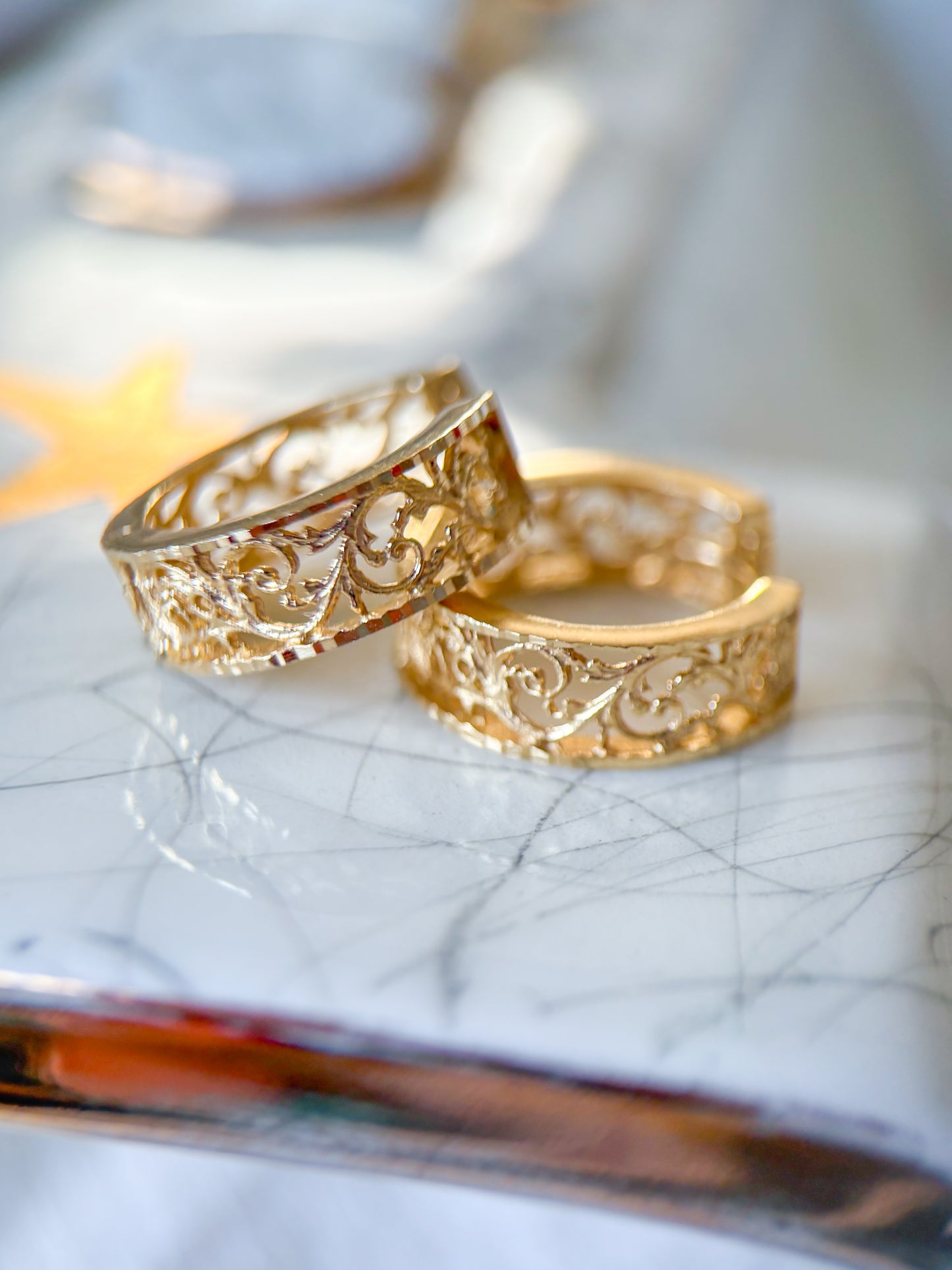 Vintage Filigree Huggies 14k Yellow Gold Earrings