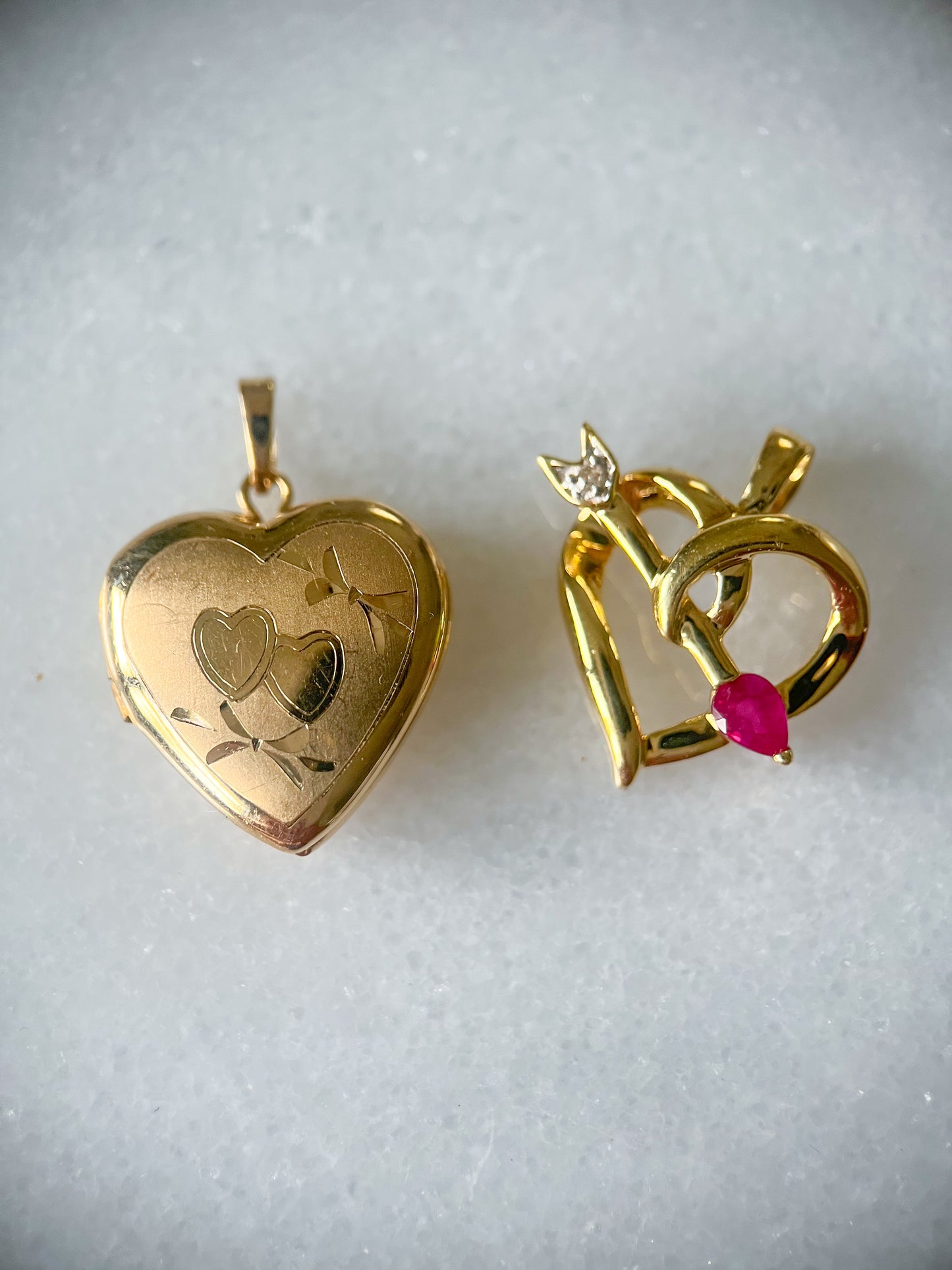 Vintage Natural Ruby and Diamond Heart 14k Yellow Gold Charm