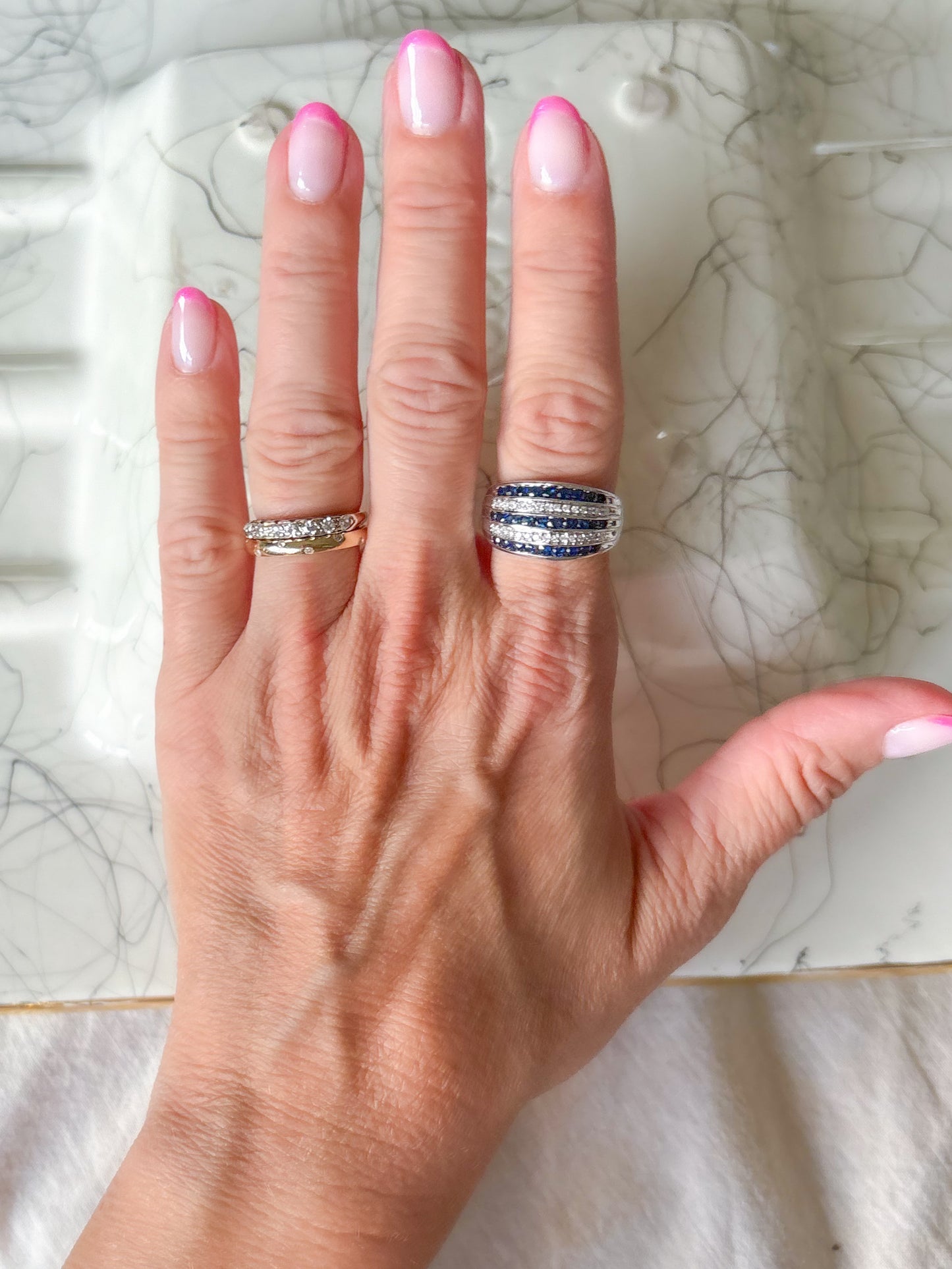 Vintage Chunky Natural Diamond and Natural Sapphire 14k White Gold Ring