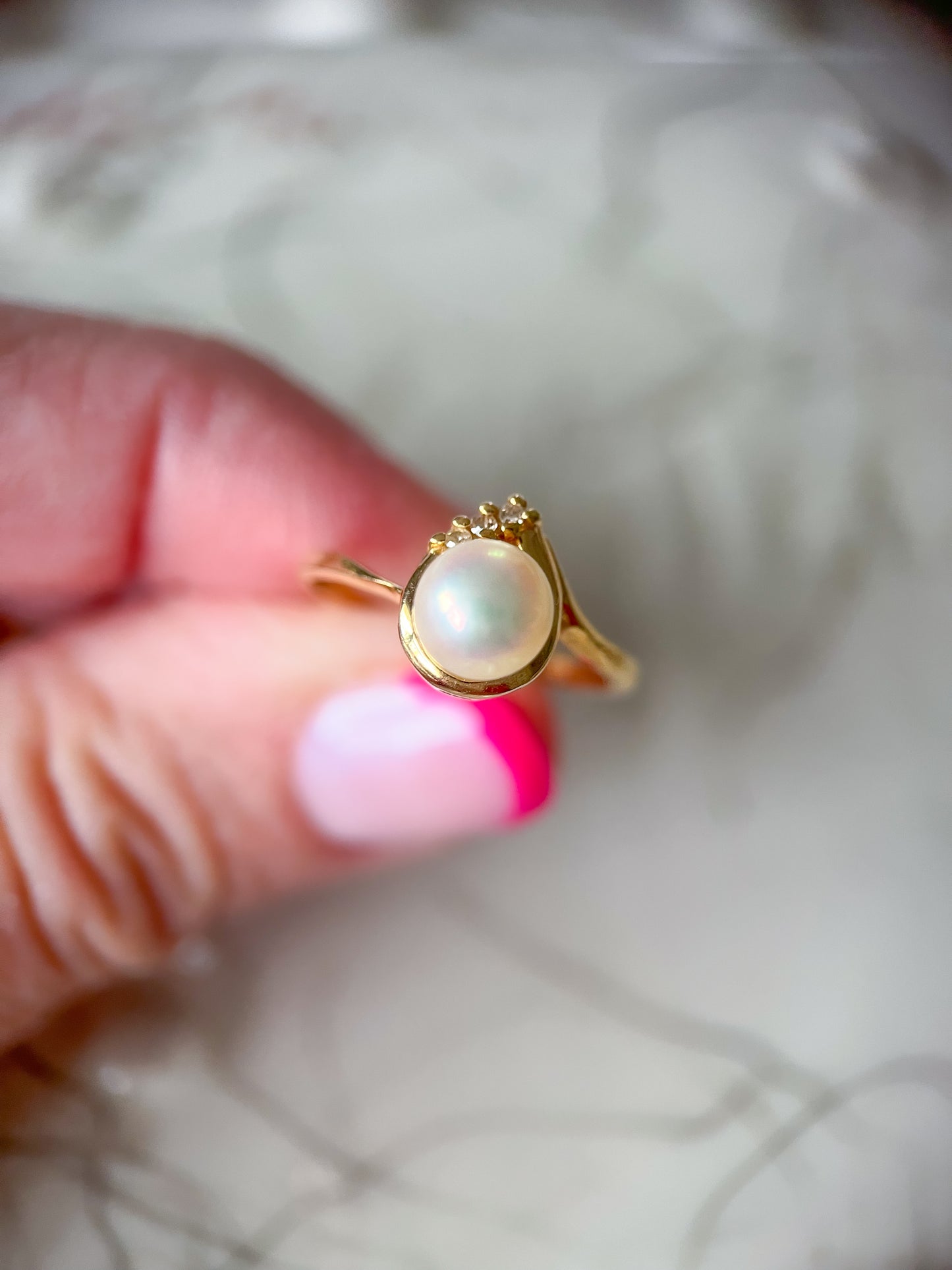 Vintage Natural Pearl and Natural Diamond 14k Yellow Gold Ring
