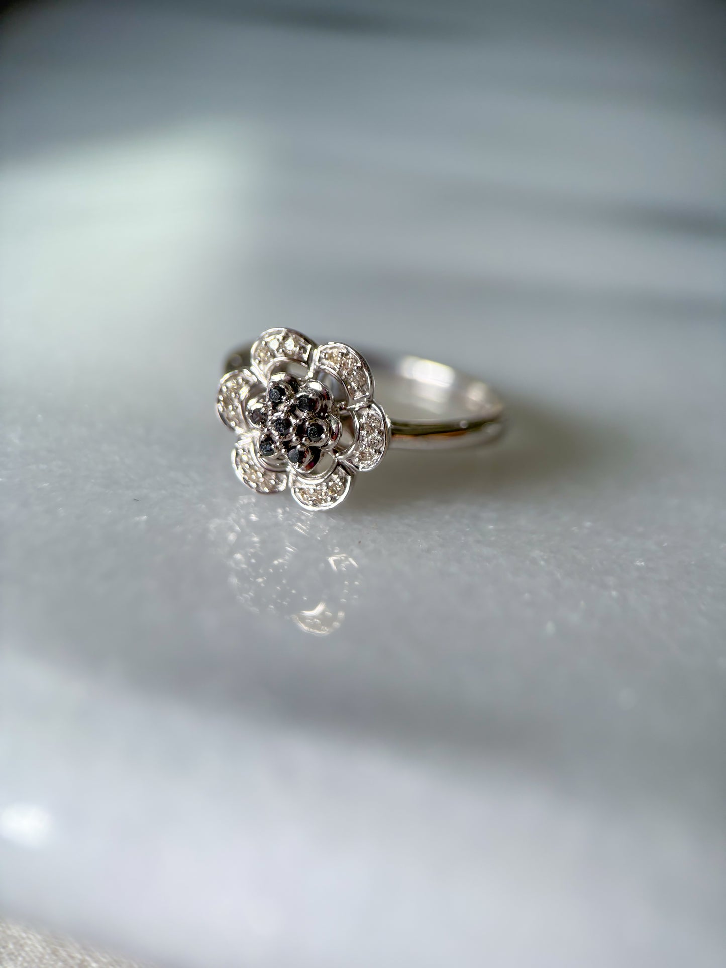 Vintage Natural Black Diamond Flower 14k White Gold Ring