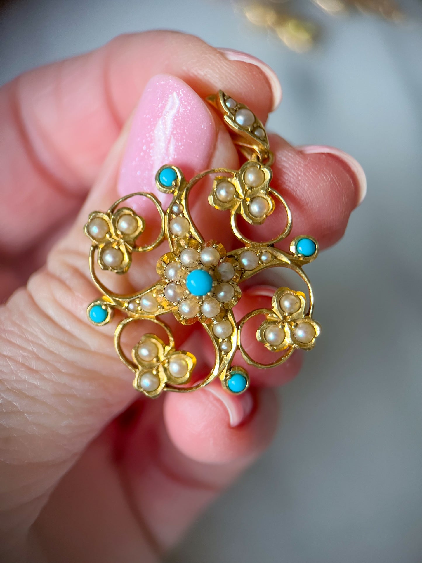 Vintage Turquoise and Pearl Pendant 14k Yellow Gold Charm