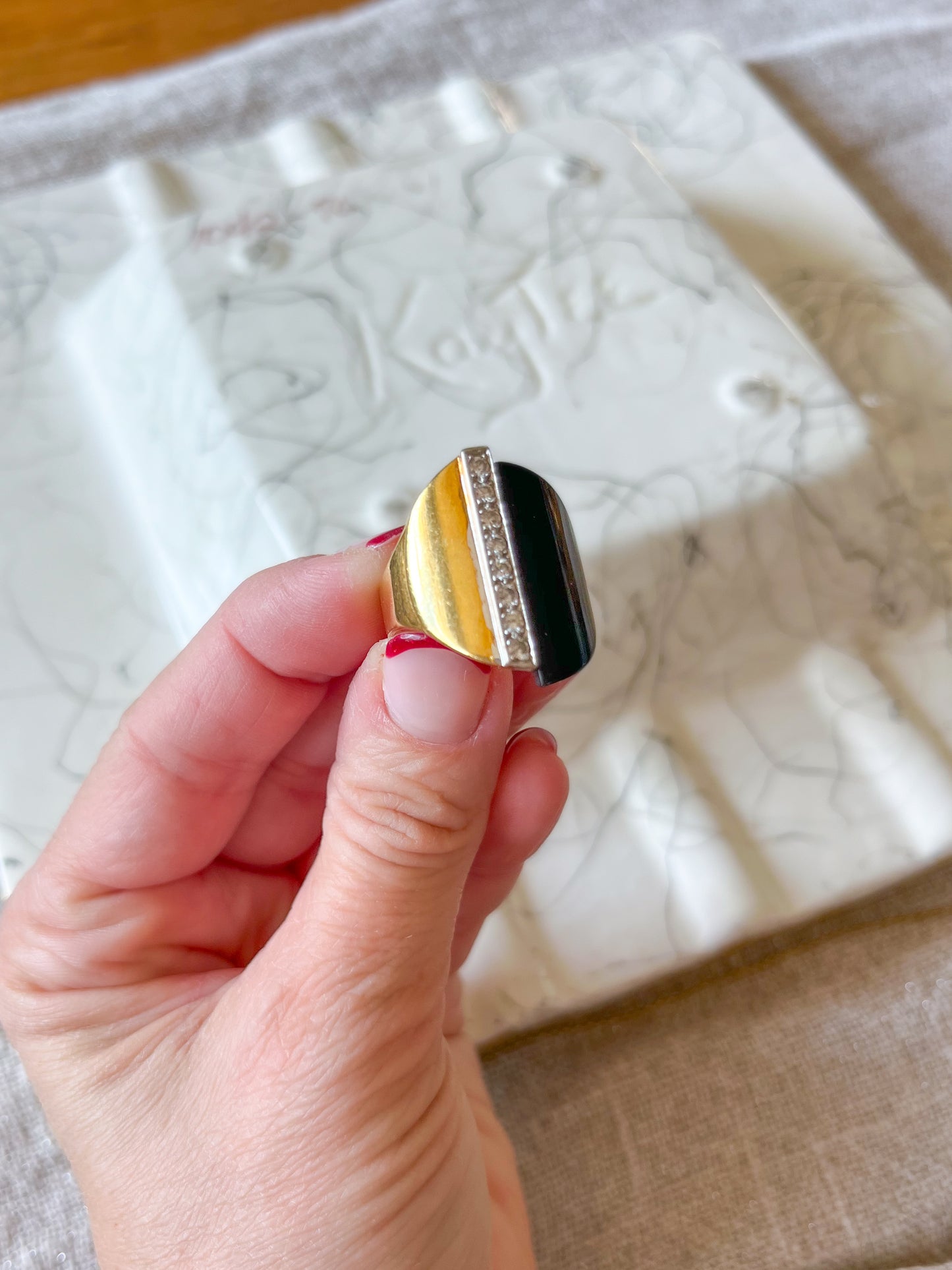 Vintage Onyx and Natural Diamond 18k White and Yellow Gold Ring, circa 1960s