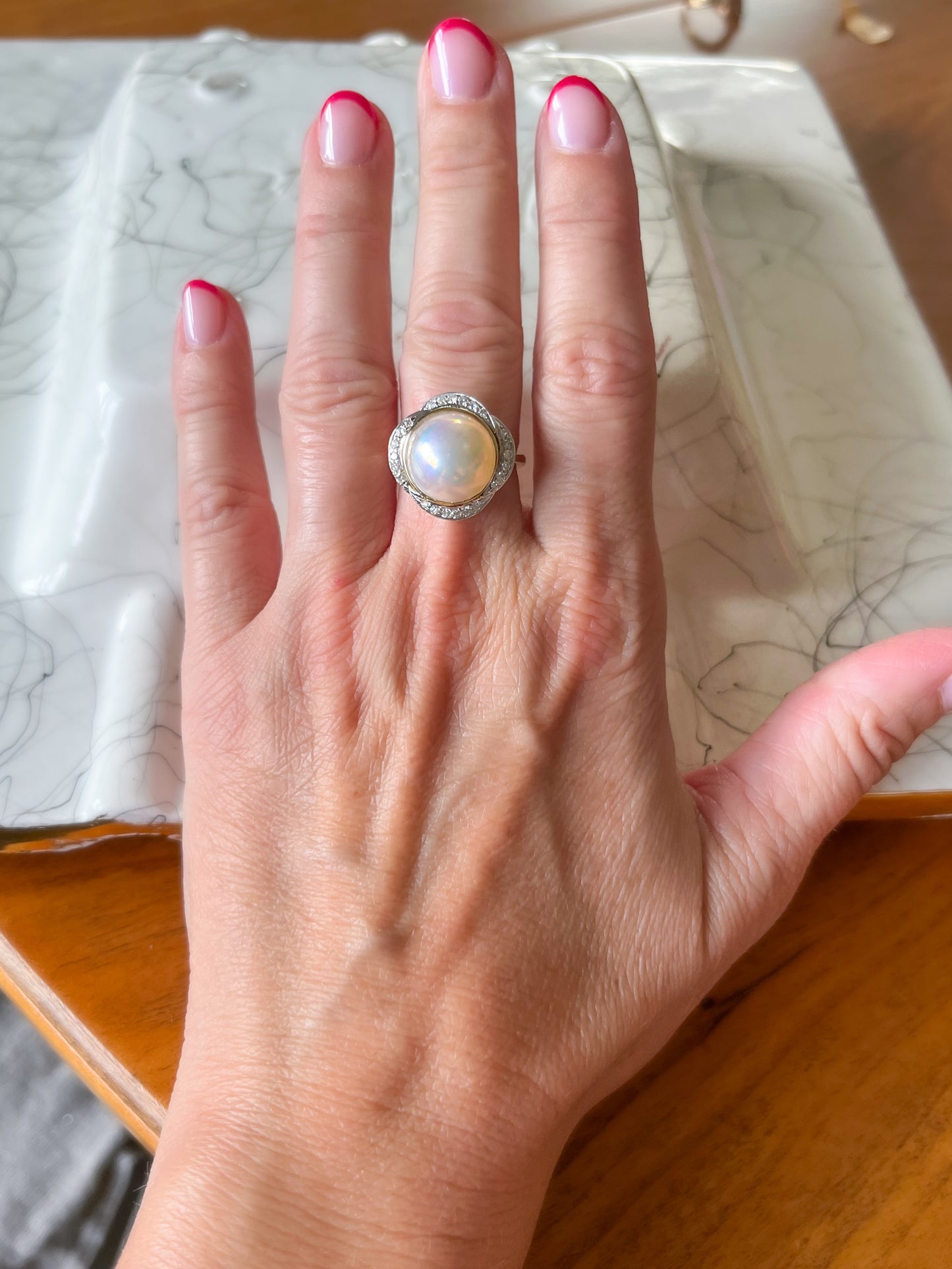 Vintage Pearl and Natural Diamond 14k Yellow Gold Statement Ring