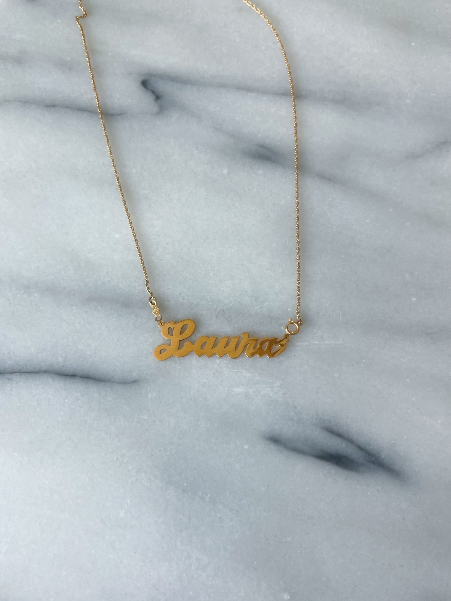 Vintage Name Plates "Kelly" & "Laura" (without chain), 14k Yellow Gold Charms