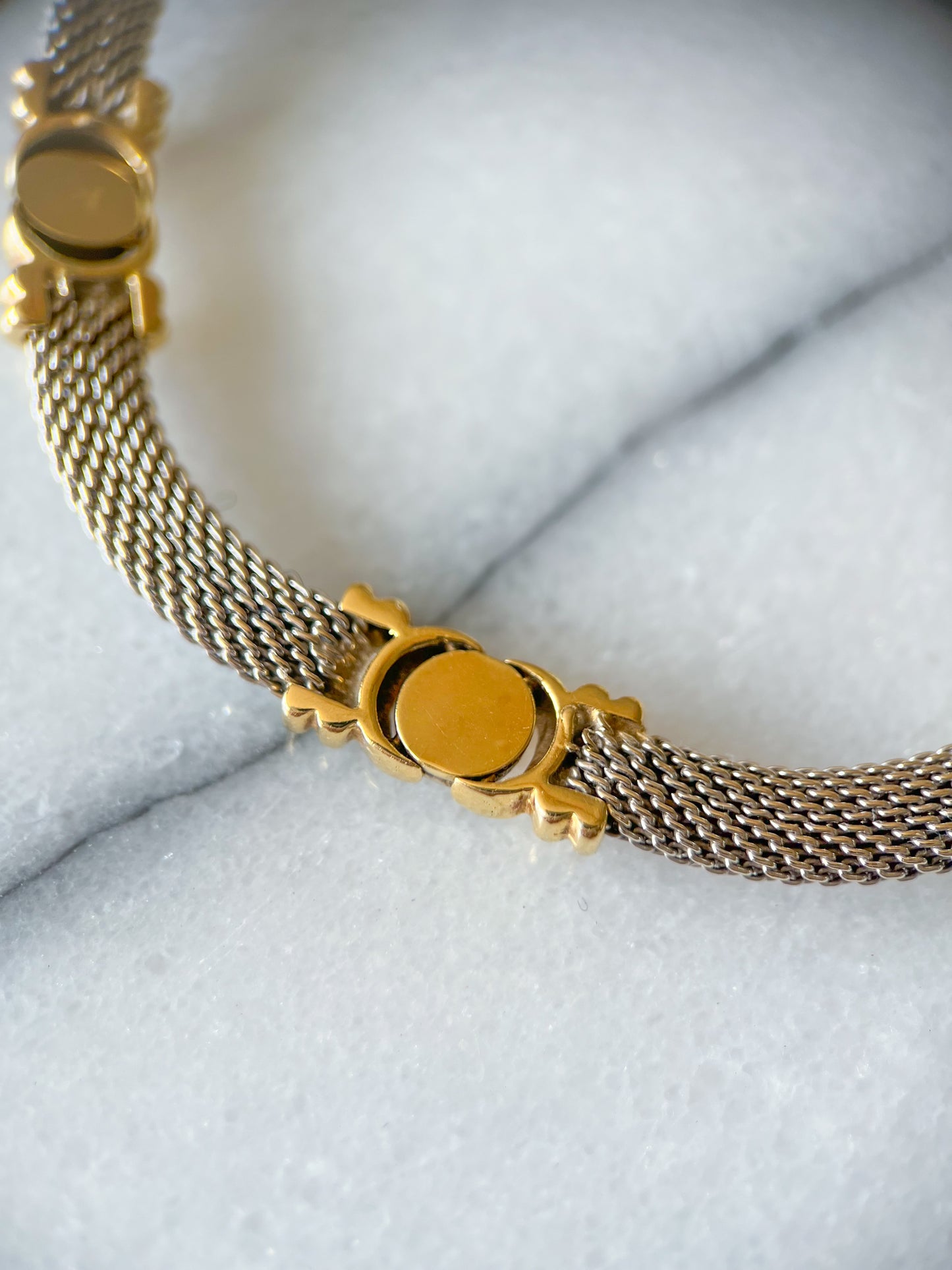 Vintage Mesh Two Toned with Screw Accents 14k White and Yellow Gold 8 Inch Bracelet