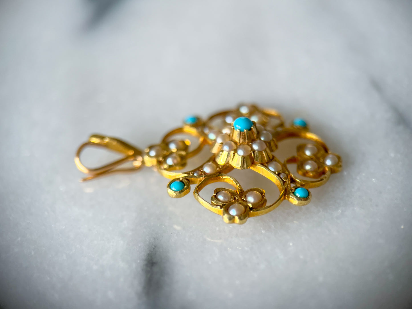 Vintage Turquoise and Pearl Pendant 14k Yellow Gold Charm