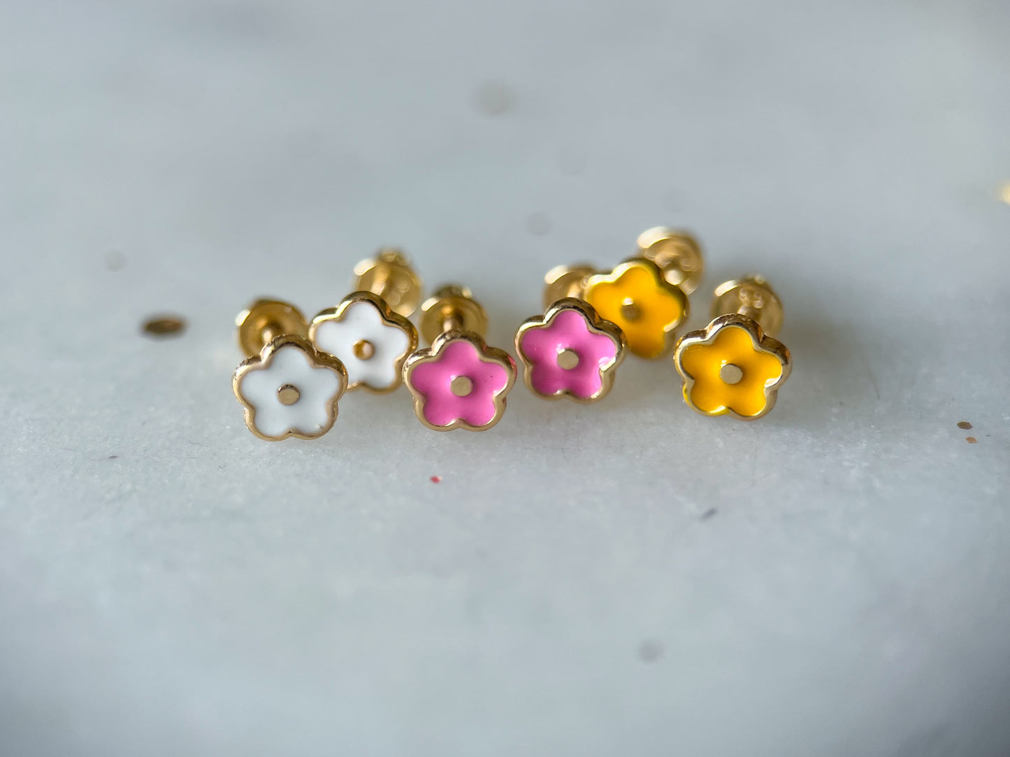 Various Mini 14k Yellow Gold Flower Studs - White, Pink, Yellow