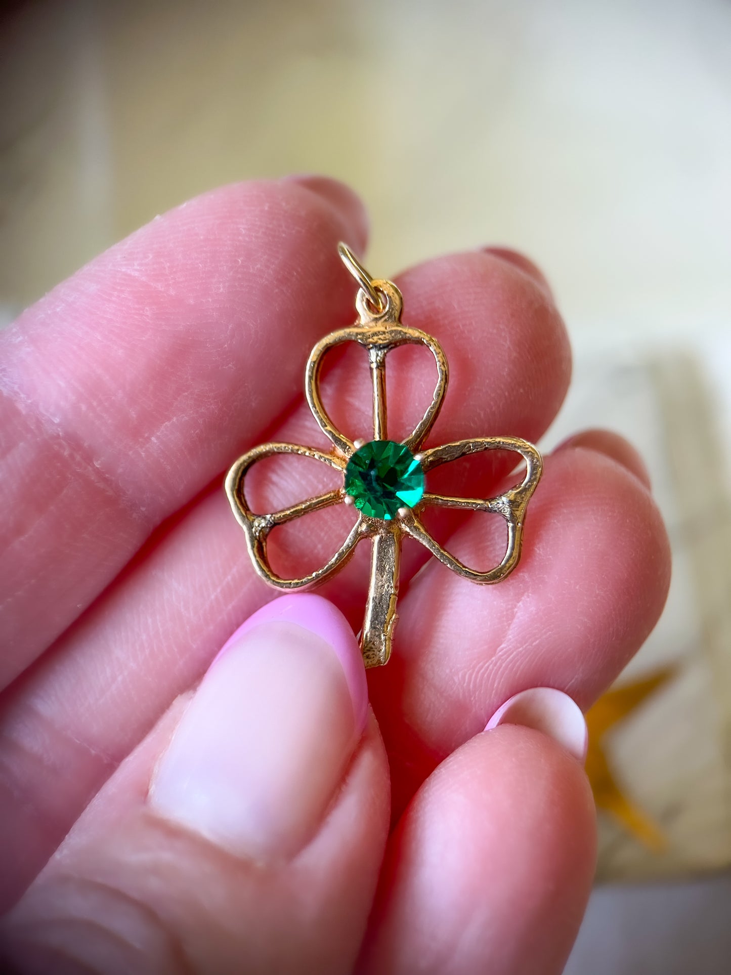 Vintage 3 Leaf Clover with Synthetic Emerald 14k Yellow Gold Charm