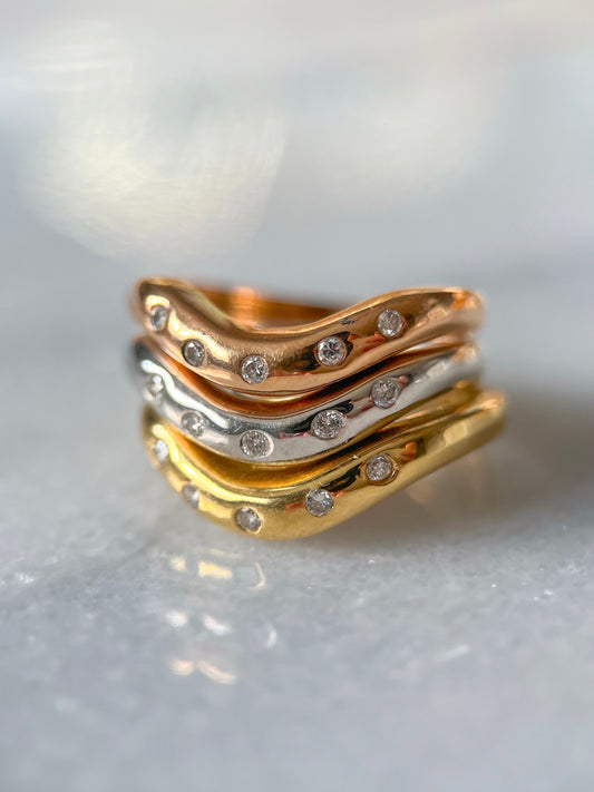 Vintage Three Rings with Natural Diamonds Tri Color 14k White, Yellow and Rose Gold Stackable Rings