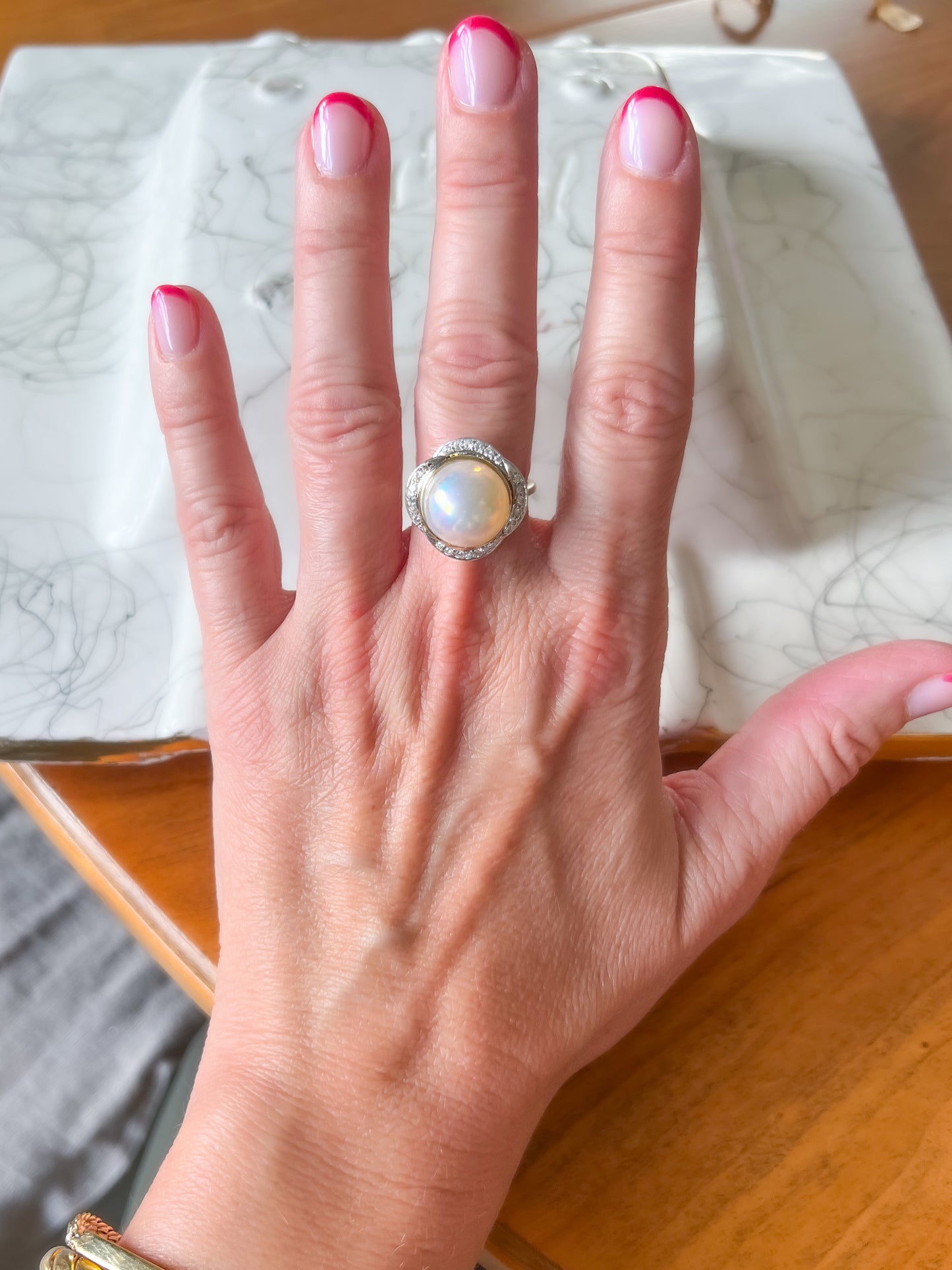 Vintage Pearl and Natural Diamond 14k Yellow Gold Statement Ring