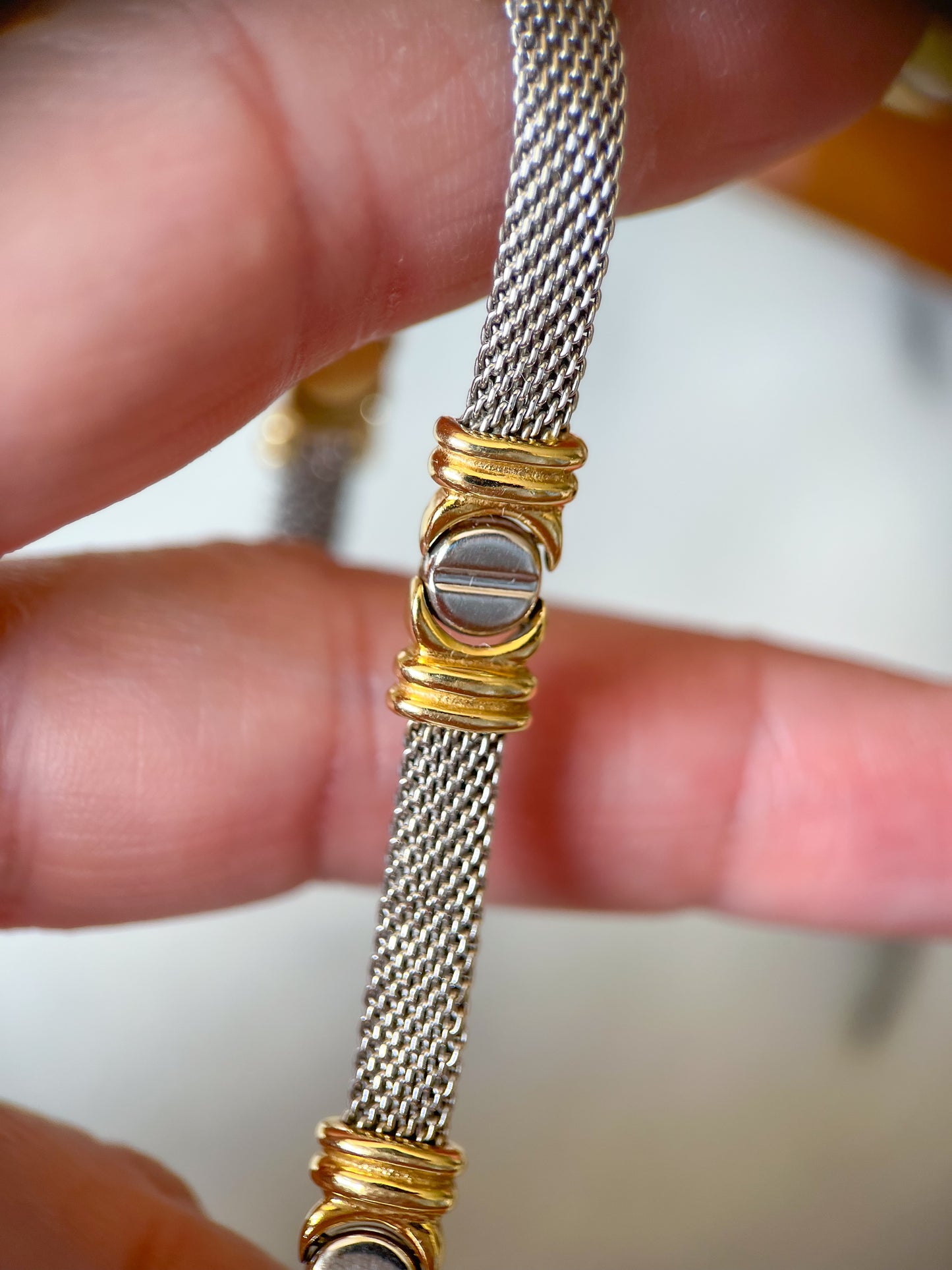 Vintage Mesh Two Toned with Screw Accents 14k White and Yellow Gold 8 Inch Bracelet