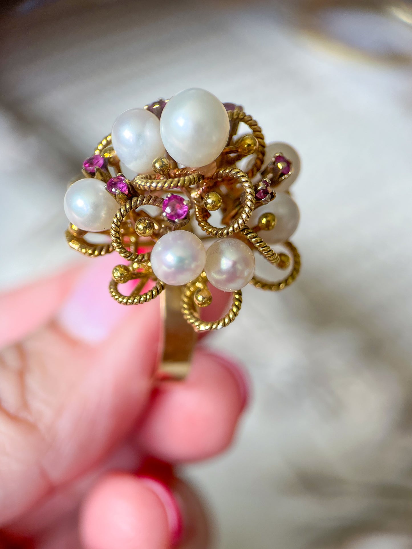Vintage Cocktail Ring with Pearls and Rubies set in 14k Yellow Gold