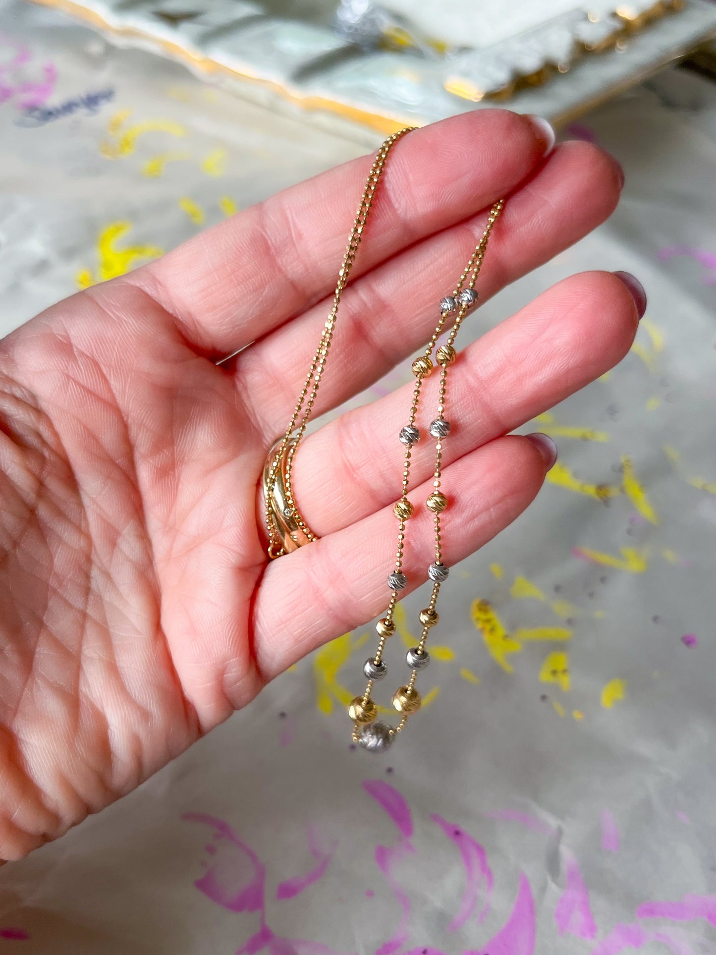 Vintage Two Toned Ball Chain with Two Toned Ball Accents 14k Yellow and White Gold Necklace