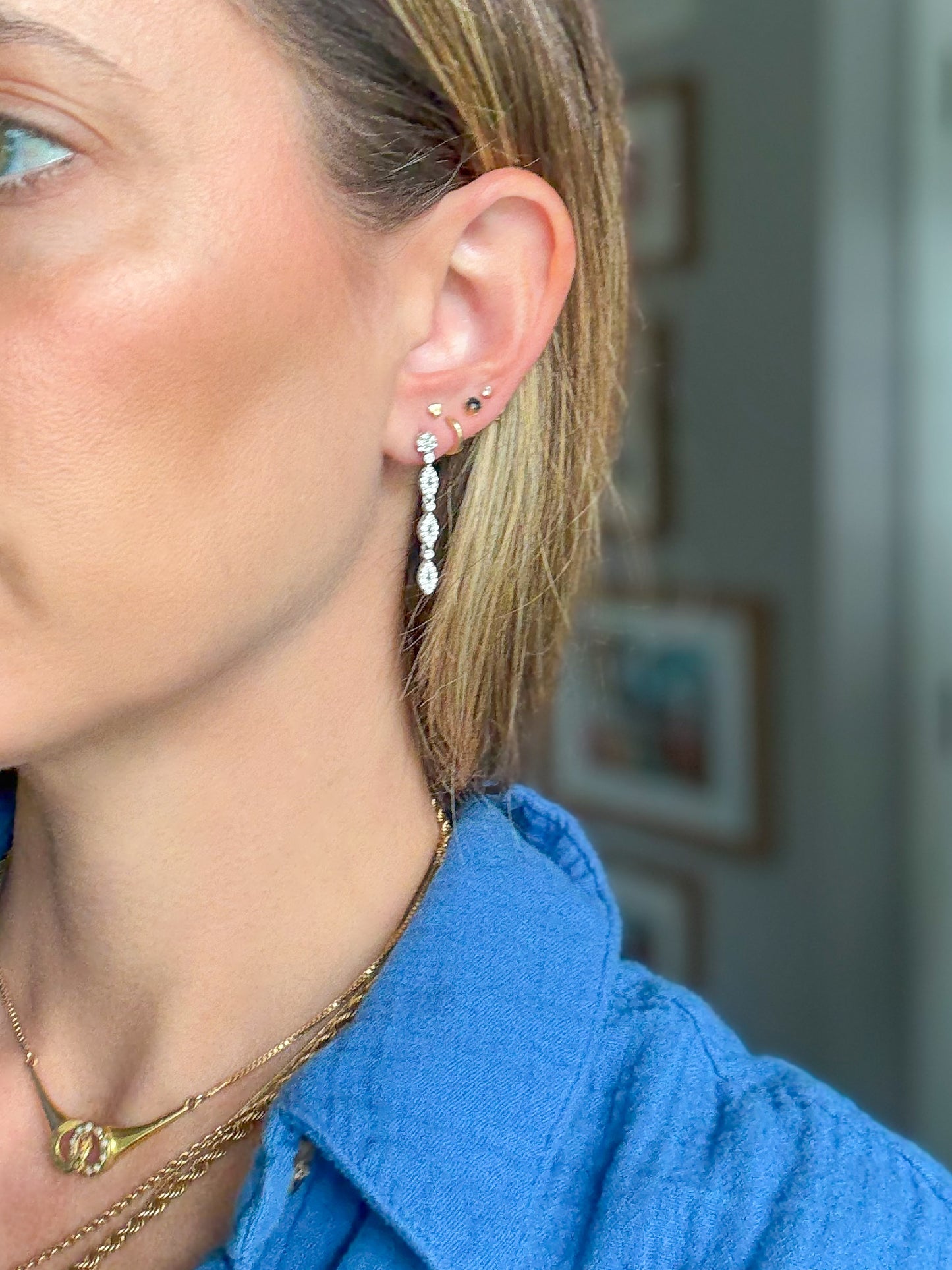 Vintage 14k White Gold Natural Diamond Drop Stud Earrings