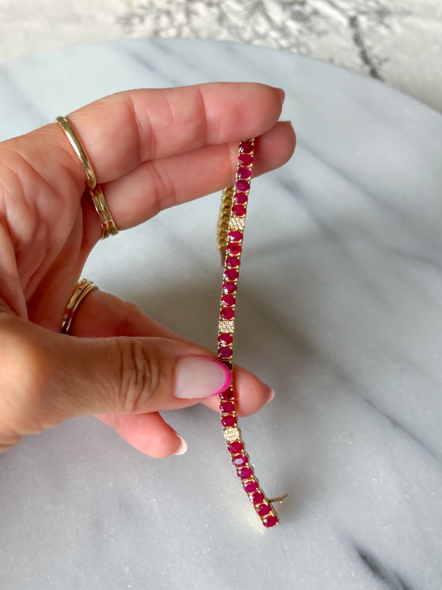 Natural Ruby and Diamond 14k Yellow Gold 6.5 Inch Tennis Bracelet