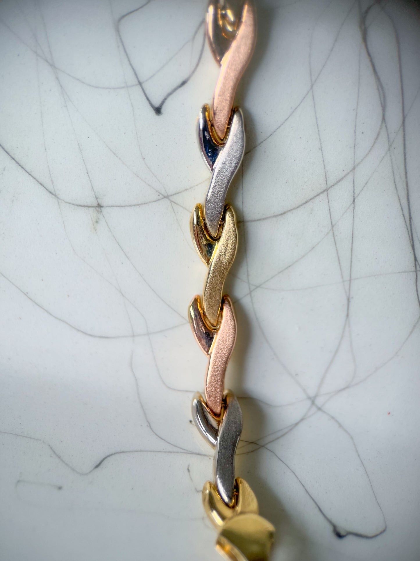 14k Tri Colored White, Rose, Yellow Gold Flat Link 7 Inch Bracelet