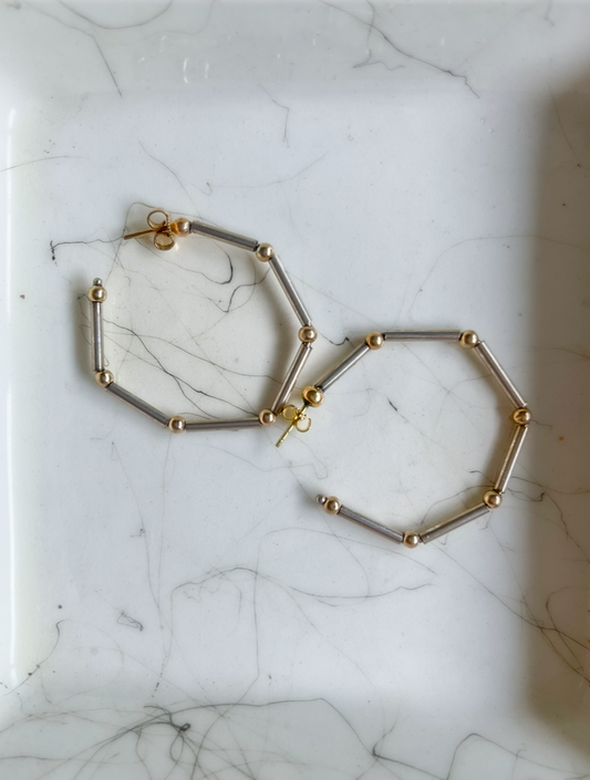 Vintage Sterling Silver Large Hoops with 14k Yellow Gold Balls, Circa 1970s