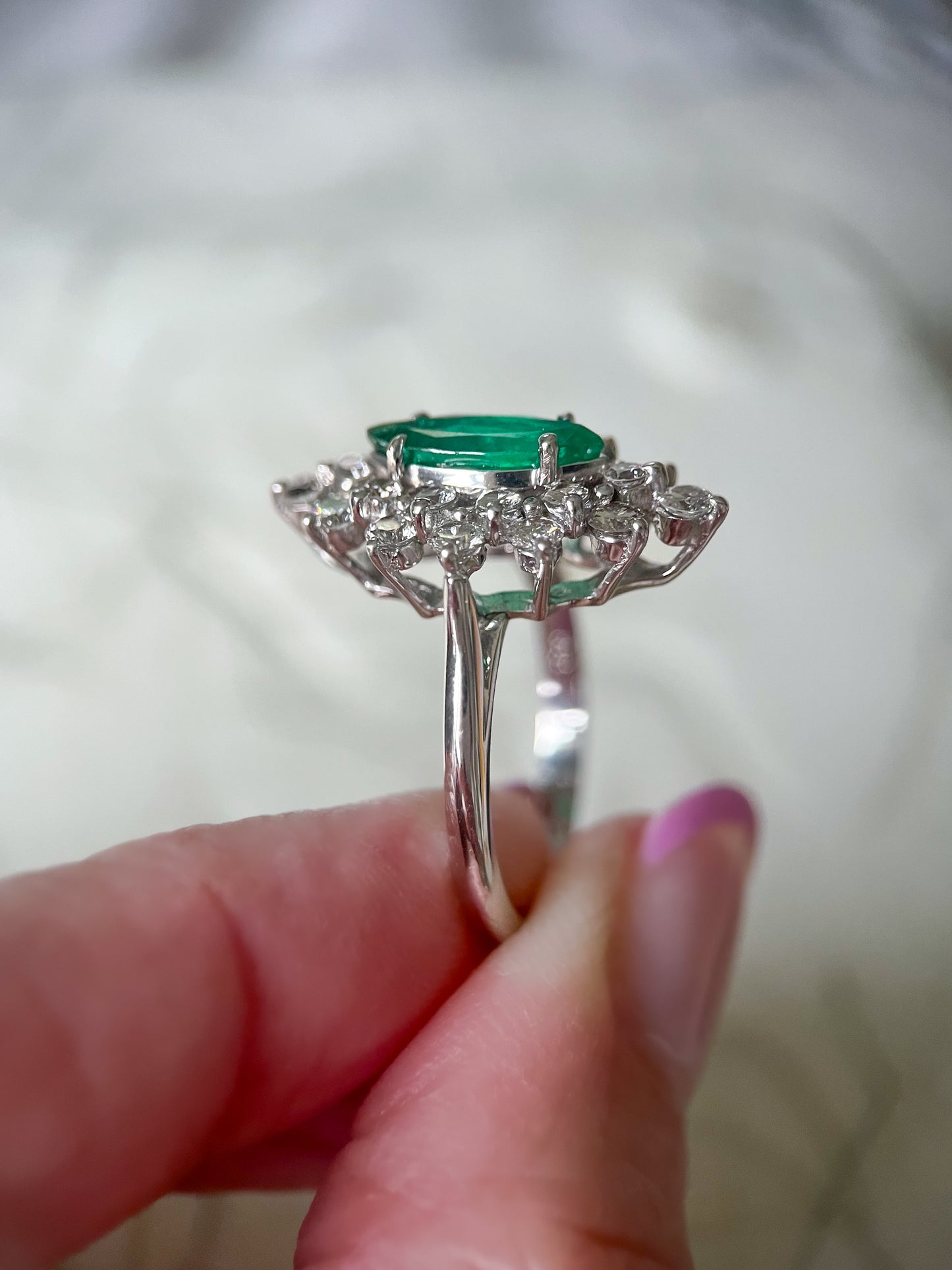 Vintage Natural Emerald and Diamond 14k White Gold Ring