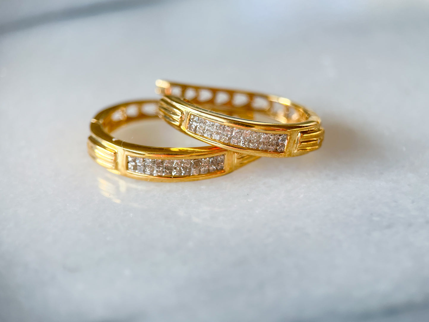 Natural Princess Cut Diamonds 14k Yellow Gold Hoop Earrings with Heart Cut Outs in Back