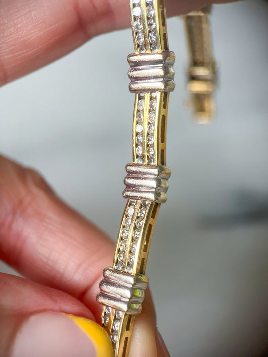 Vintage Chunky Natural Diamond Two Toned 14k White and Yellow Gold 7 Inch Bracelet