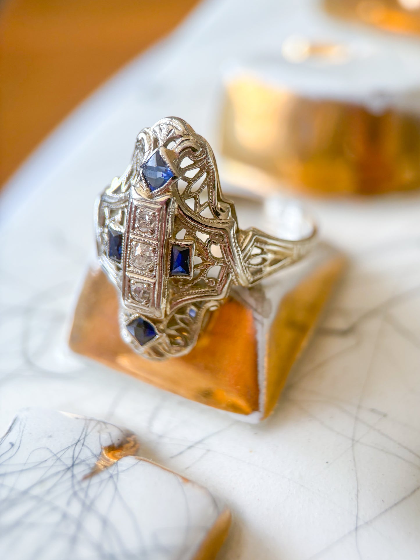 Vintage Natural Diamond and Natural Sapphire 14k White Gold Statement Ring