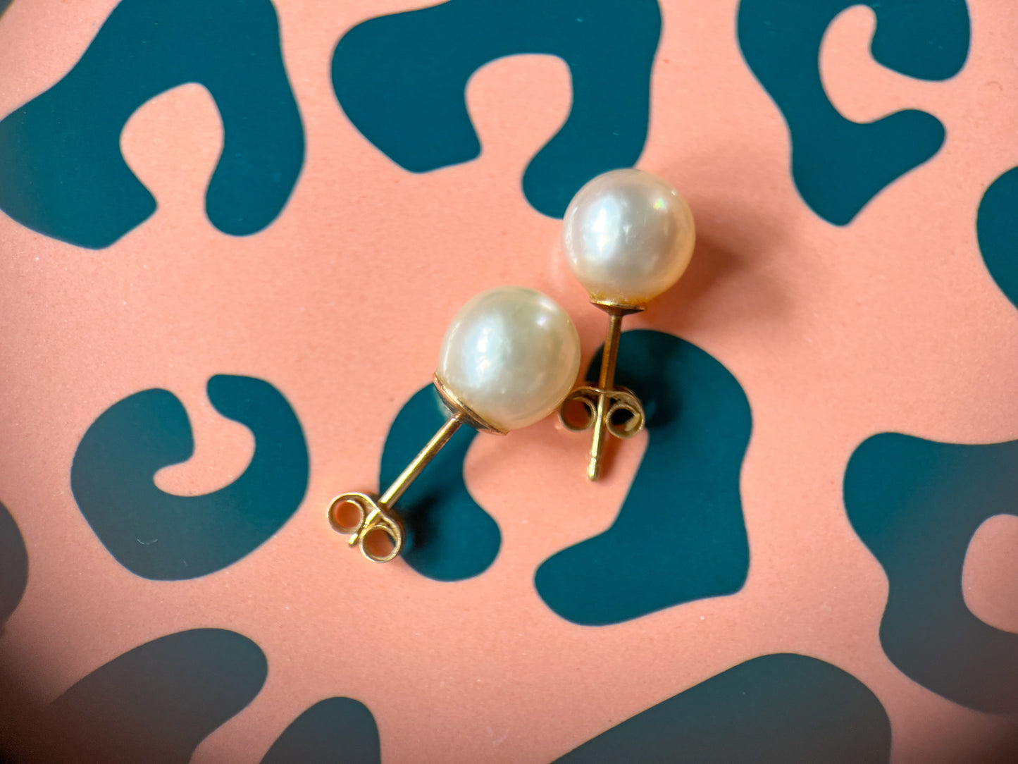 Vintage Ball Stud Earrings in Pearl and Solid 14k Yellow Gold