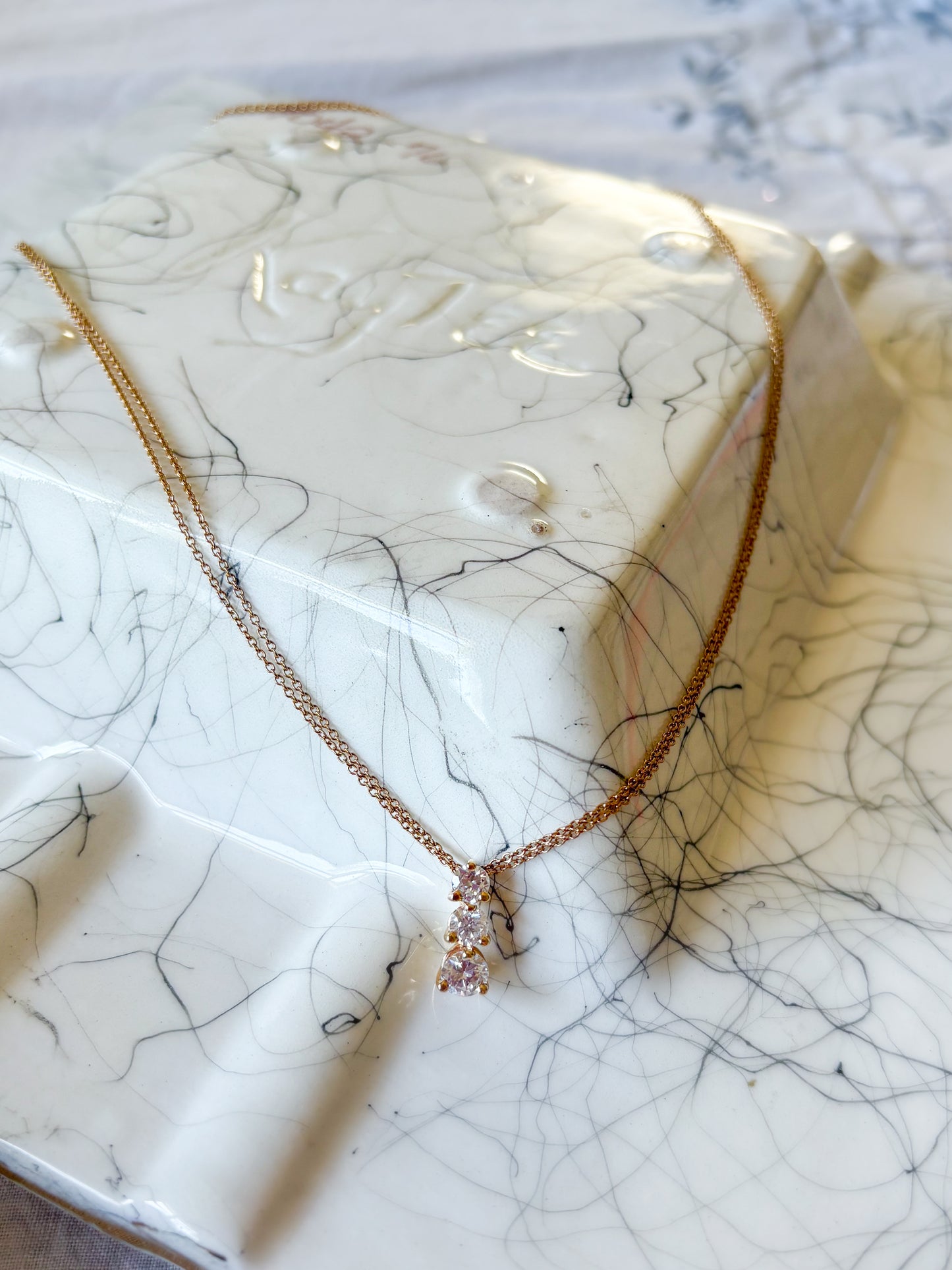 Vintage Natural Diamond Three Stone Drop Pendant with 14k Yellow Gold Attached 17 Inch Chain