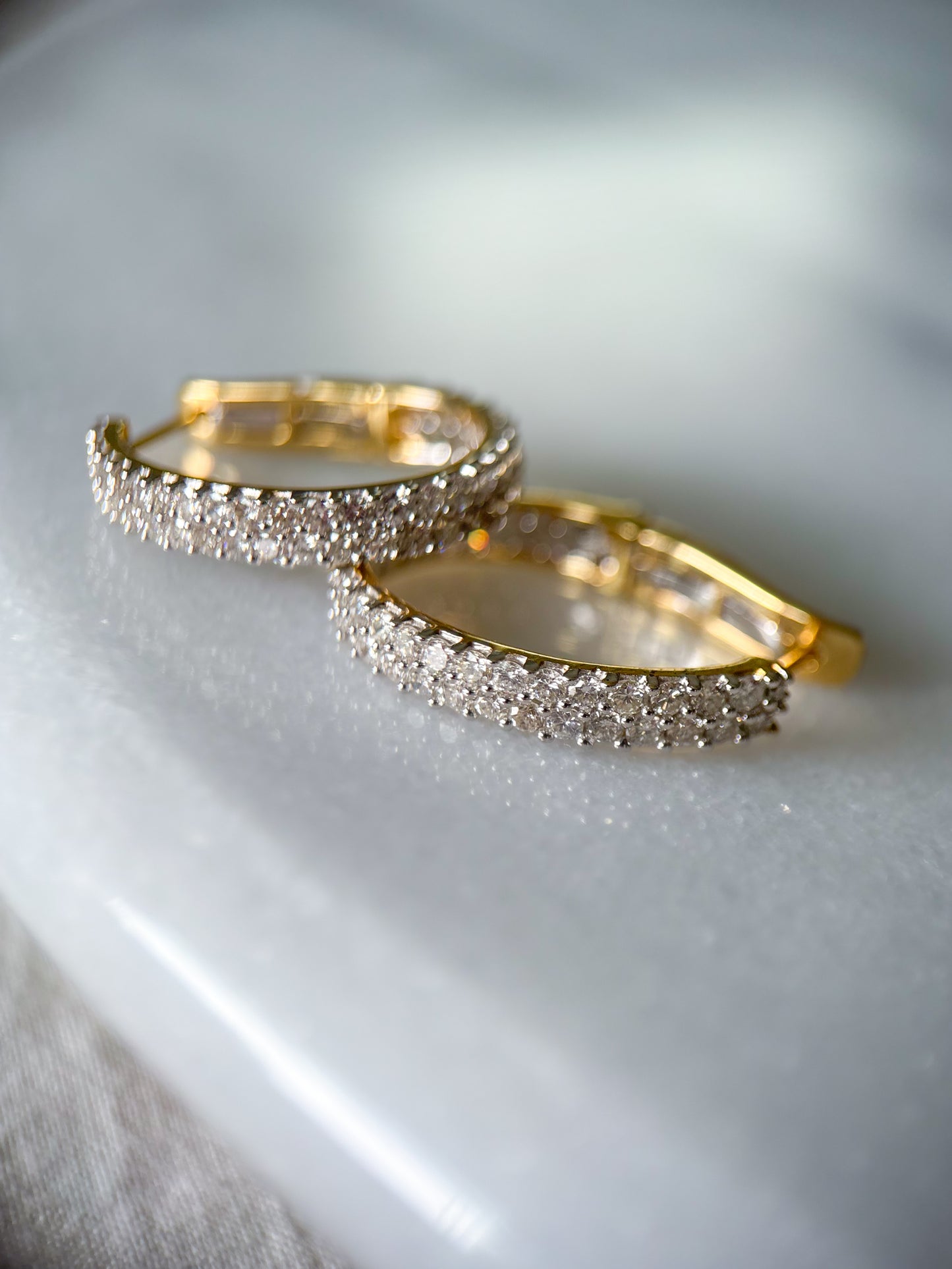 Natural Diamond Two Row Oval Hoop 14k Yellow Gold Earrings