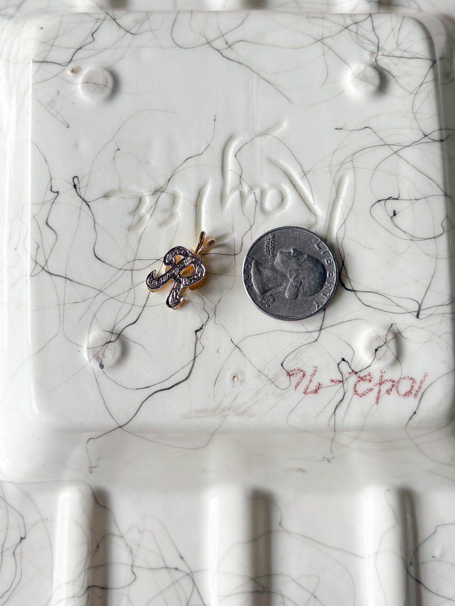 Vintage Natural Diamond Letter "R" 14k Yellow Gold Charm