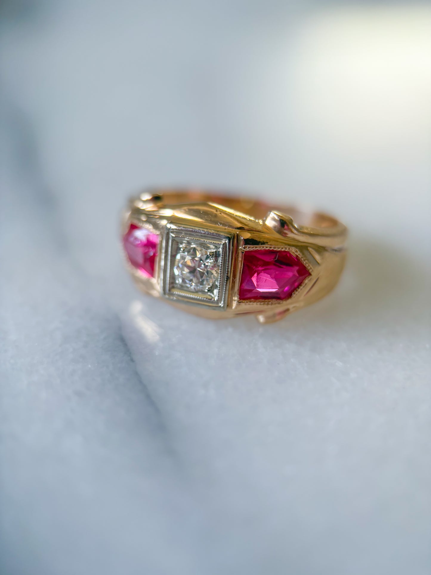 Vintage Three Stone Natural Diamond 14k Yellow Gold Ring