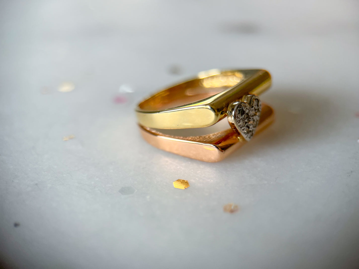 Vintage Double Bar Natural Diamond Heart Two Toned 14k Rose and Yellow Gold Ring