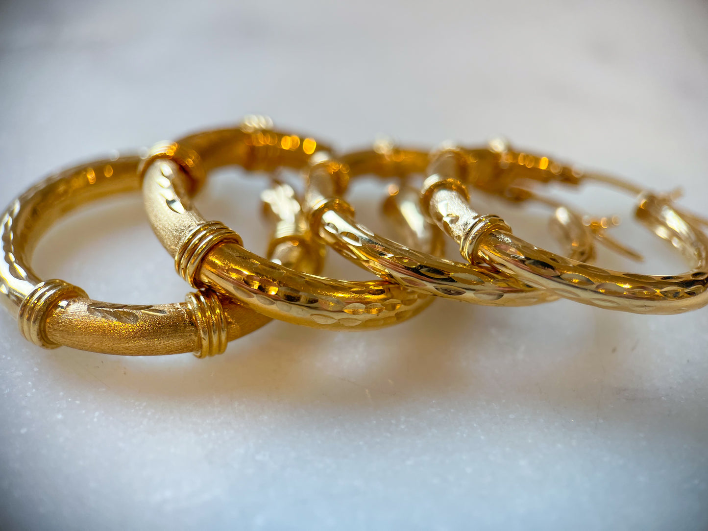 14k Yellow Gold Decorative Tube Hoop Earrings - Two sizes