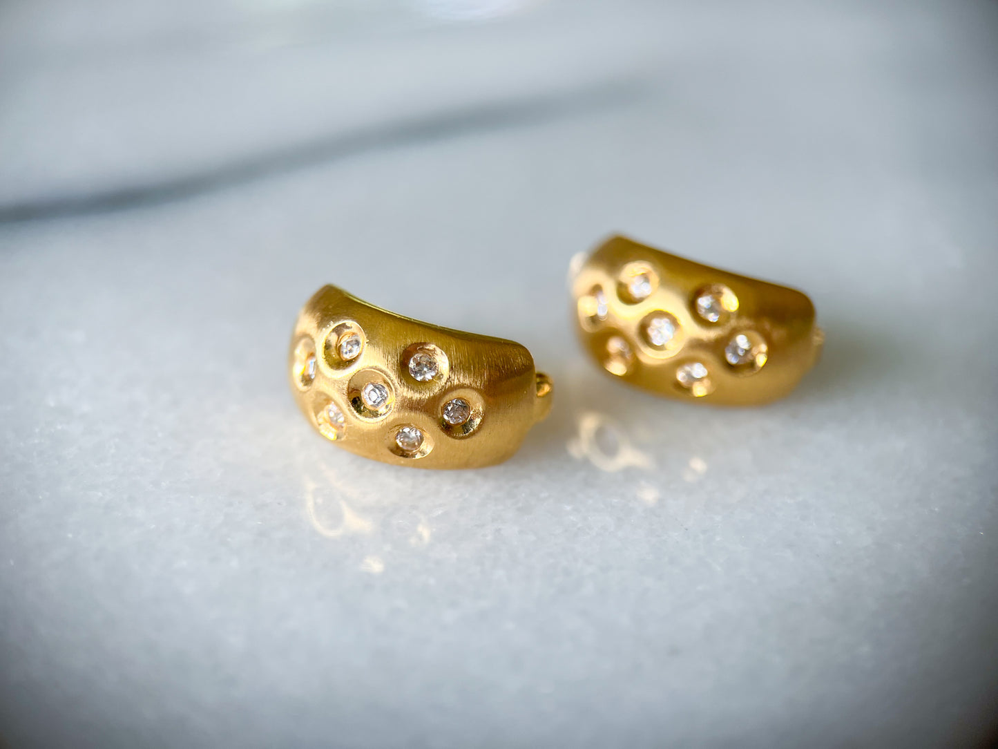 Vintage 14k Yellow Gold Matte Half Hoops with CZ Earrings