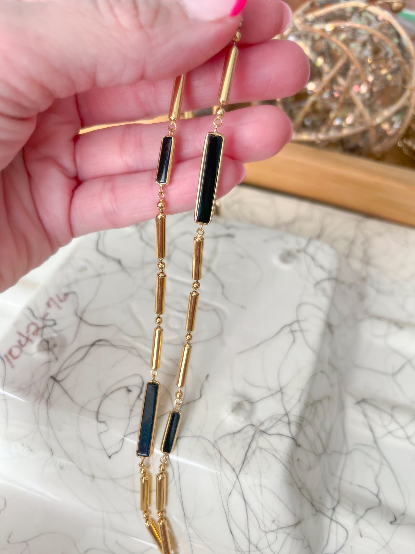 Vintage Onyx 14k Yellow Gold Ball and Bar 30 Inch Chain