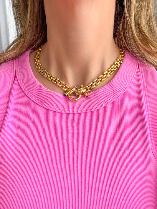 Vintage Panther Link 14k Yellow Gold Necklace with Sapphire Cabochon Toggle