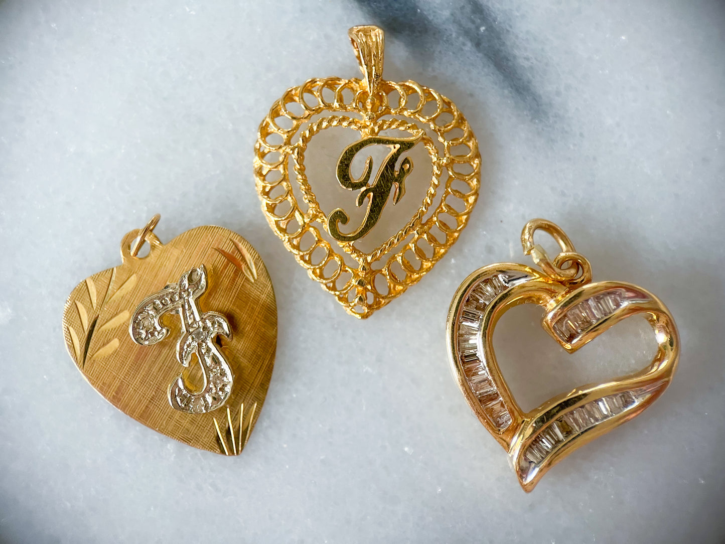 Vintage Natural Baguette Diamond 14k Yellow Gold Heart Charm