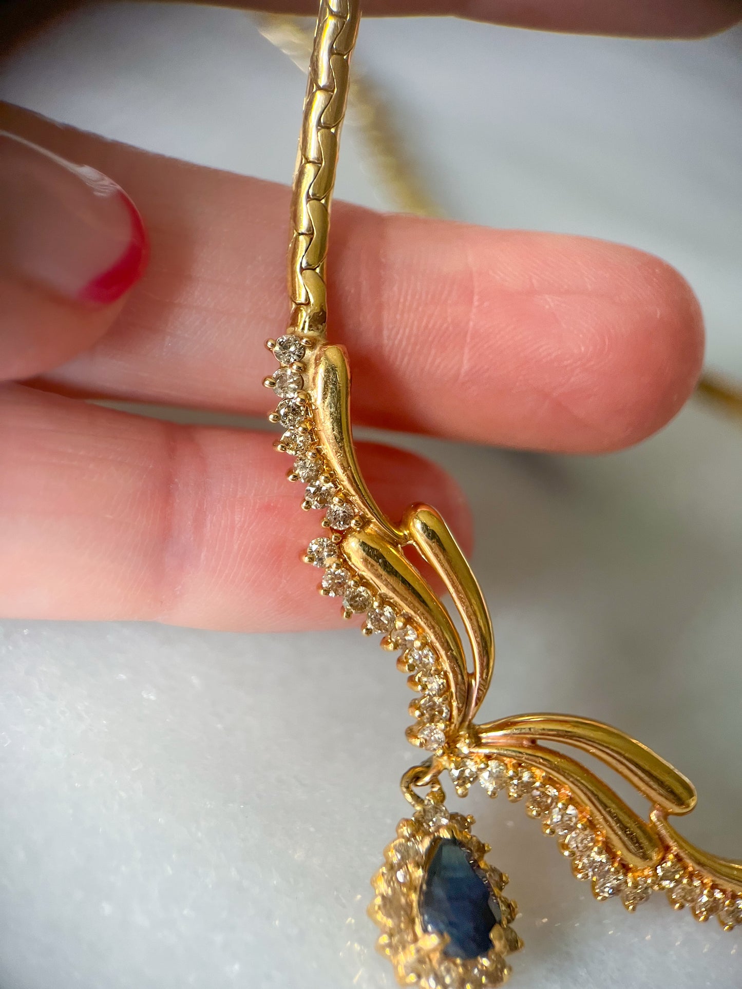 Vintage Natural Diamond, Emerald and Sapphire Pendant 14k Yellow Gold Necklaces