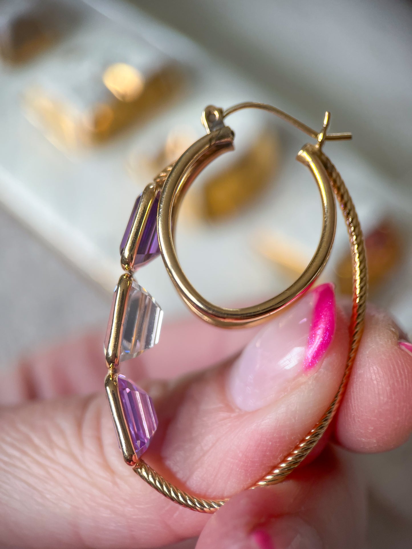 Vintage Amethyst and CZ Three Stone 14k Yellow Gold Hoop Earrings