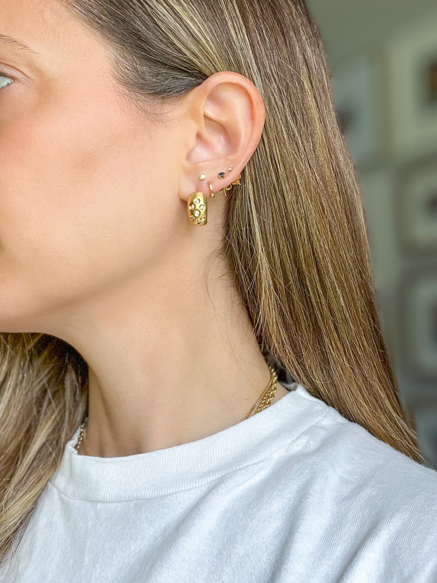 Vintage 14k Yellow Gold Matte Half Hoops with CZ Earrings