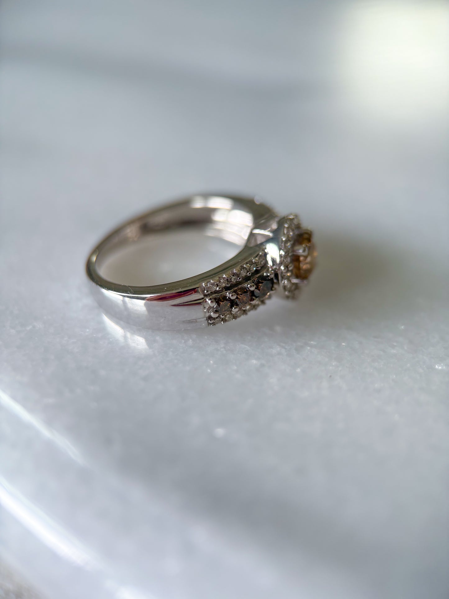 Vintage Natural White and Chocolate Diamonds 14k White Gold Ring