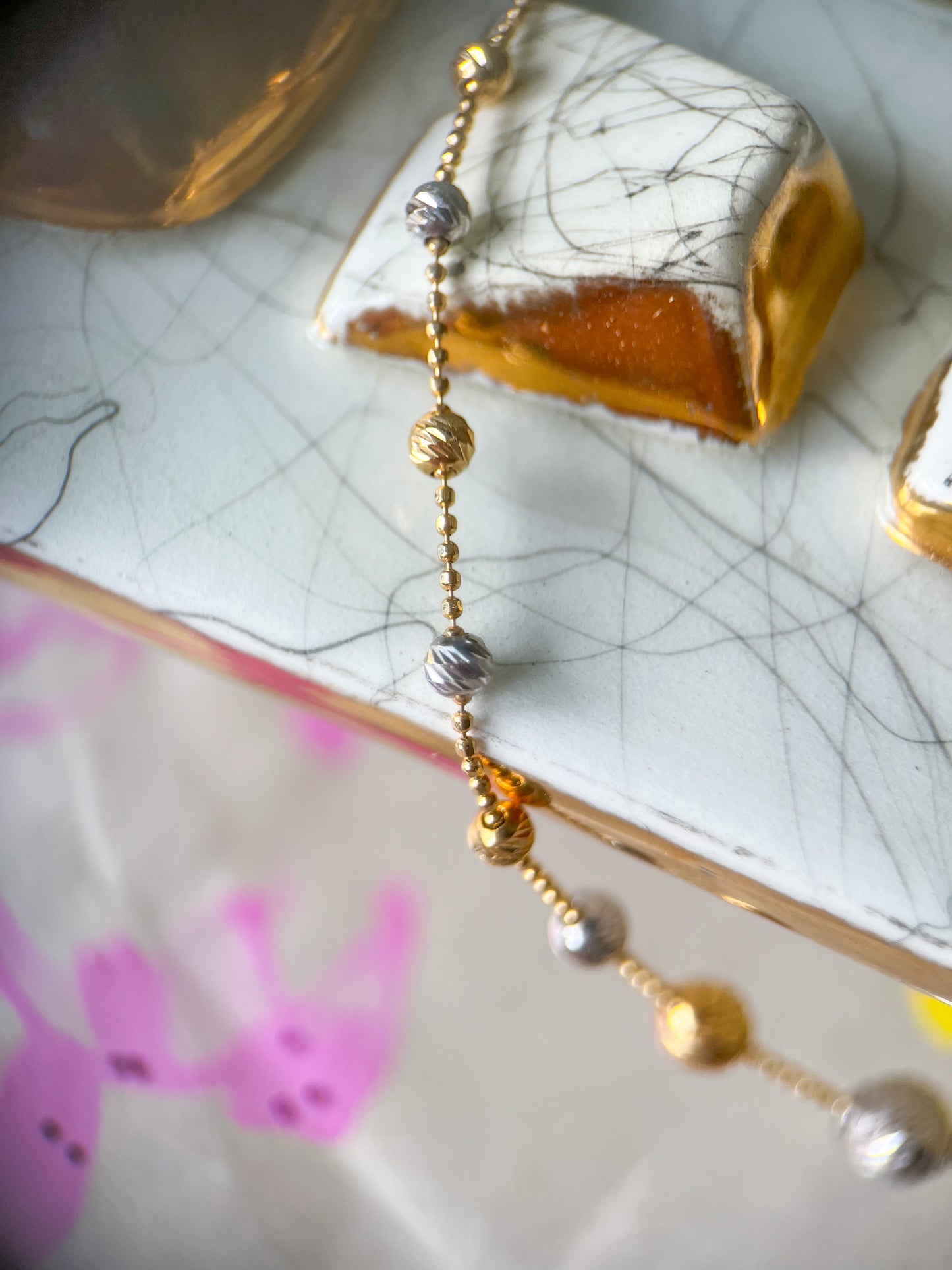 Vintage Two Toned Ball Chain with Two Toned Ball Accents 14k Yellow and White Gold Necklace