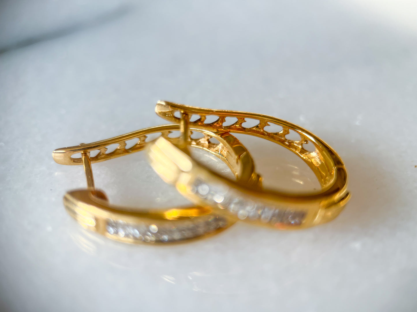 Natural Princess Cut Diamonds 14k Yellow Gold Hoop Earrings with Heart Cut Outs in Back